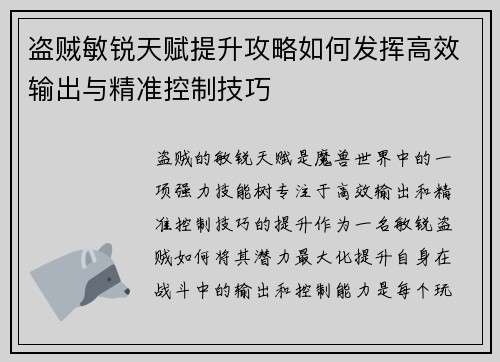 盗贼敏锐天赋提升攻略如何发挥高效输出与精准控制技巧
